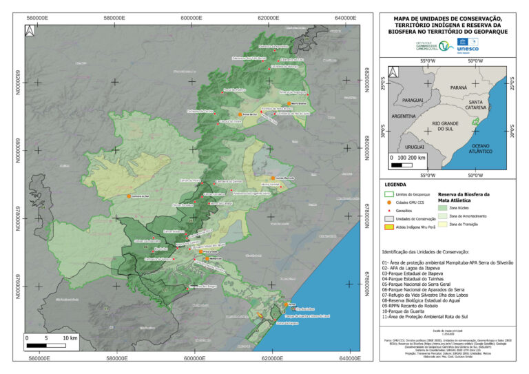 Mapa de unidades de conservação, território indígena e reserva da biosfera no território do geoparque